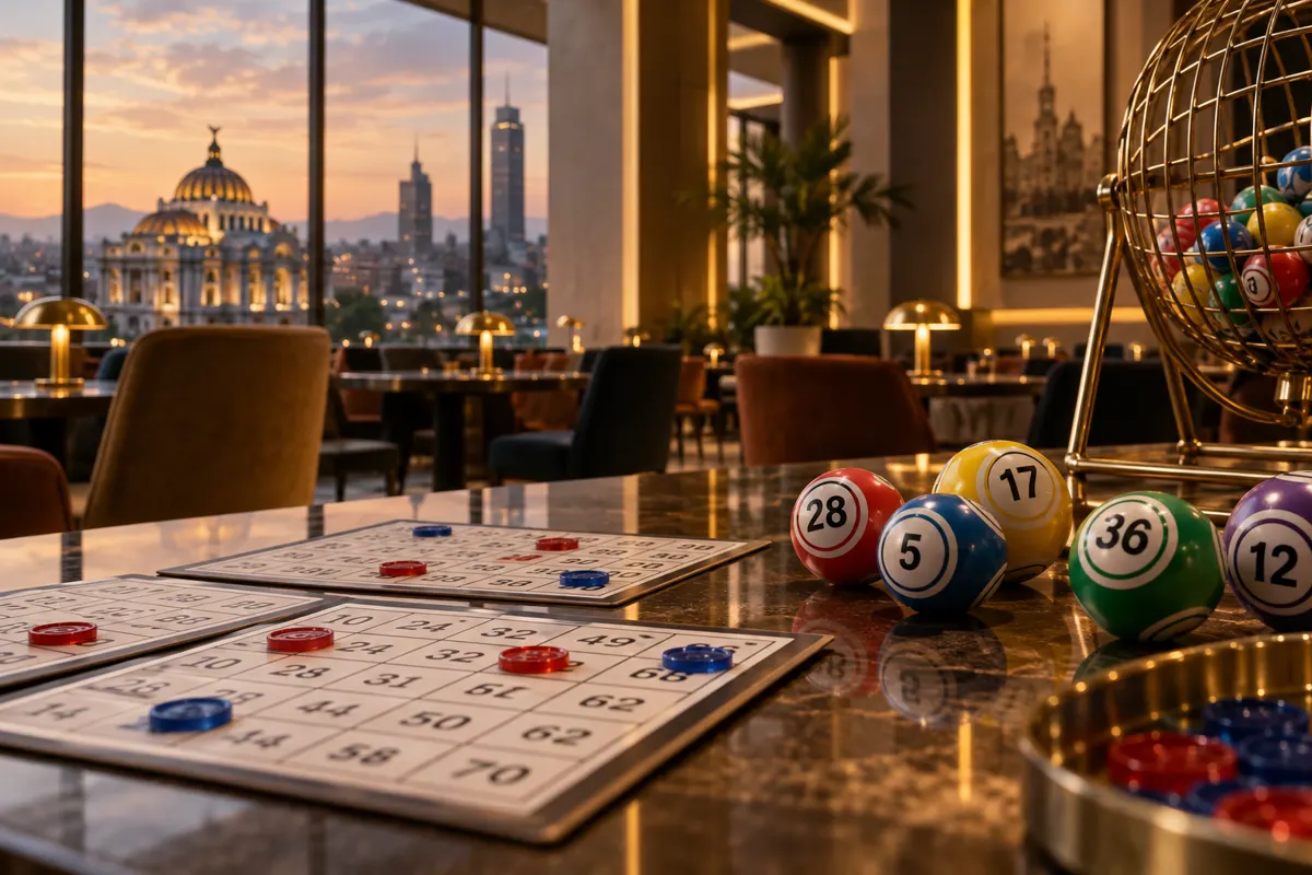 Cartones y bolas de bingo en una sala de juego