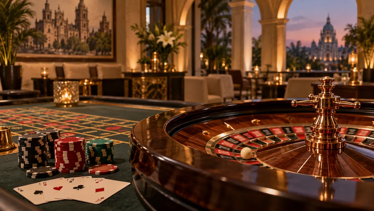 Ruleta, cartas y fichas sobre una mesa de casino